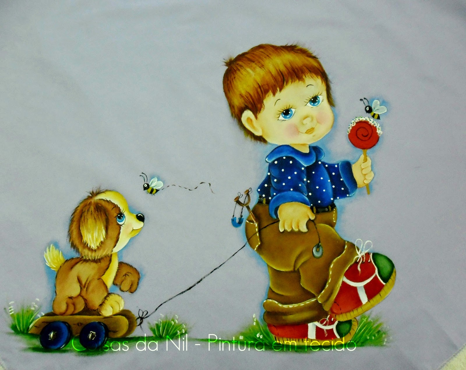 pintura em tecido manta com menino chupando pirulito enquanto puxa carrinho com cachorro