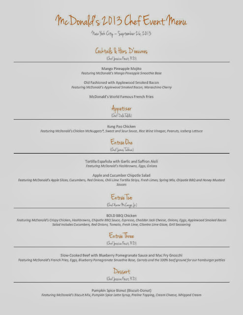 Menu for the McDonald's 2013 Chef Event