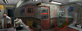 Manpukuken Ramen (Shenmue I) has an old red TV on a shelf (left) and a drinks cooler (right).