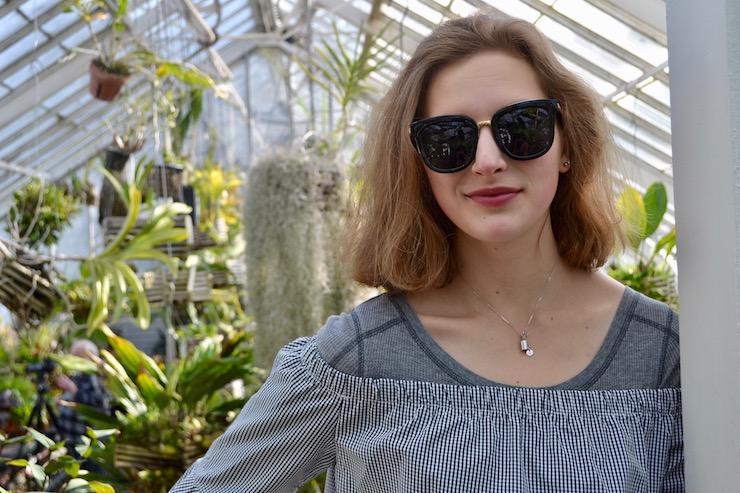 layered off the shoulder bell sleeve gingham top, black jeans, winter ootd