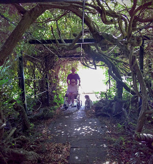 Mr pushes Granma Grace in her wheelchair through a tunnel of wisteria