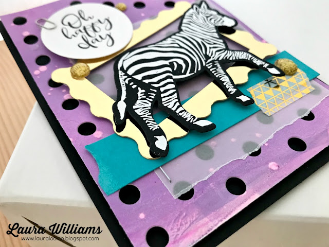 Oh Happy Day handmade card by Laura Williams, featuring the Escape the Ordinary stamp set from Fun Stampers Journey Use the Gel Press with Cosmic Grape Re-Inker to create a beautiful background, and then die cut it with the Lots of Dots background die. The zebra is embossed on this fun and funky handmade card created by Laura Williams using Fun Stampers Journey stamps and dies #lauralooloo #funstampersjourney #handmadecards #rubberstamping #FSJColorfulJourney #gelpress