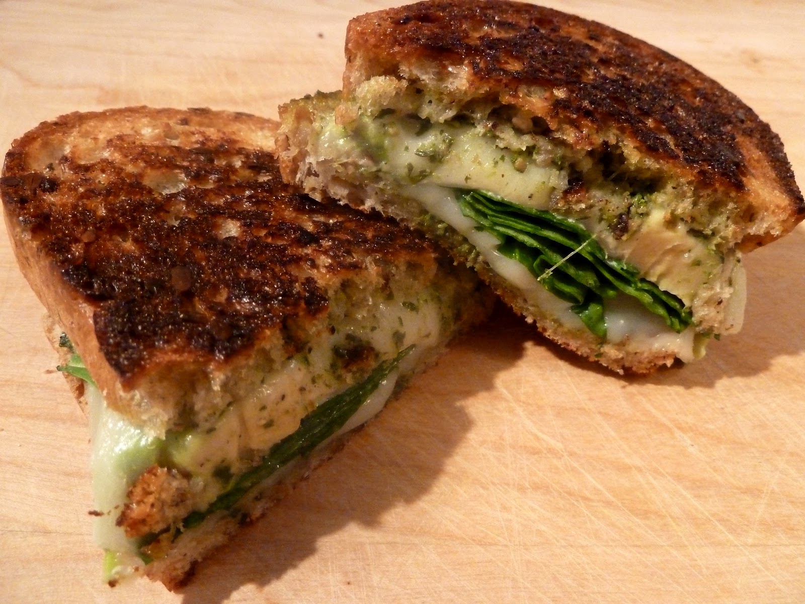 Cracked Pepper Grilled Cheese with Pesto, Spinach and Avocado