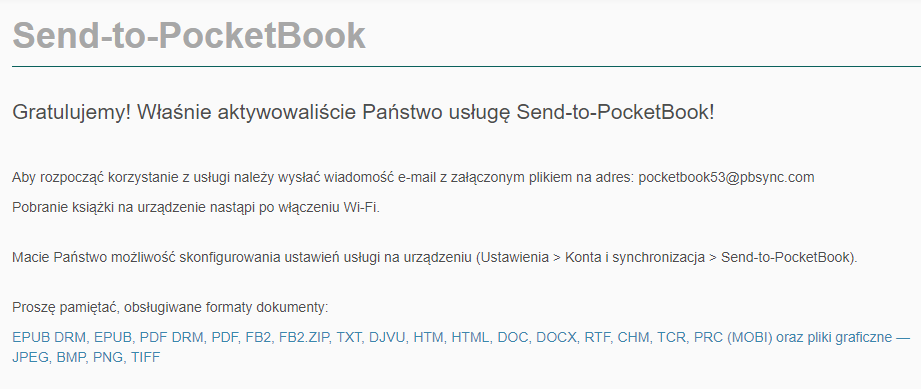 E-mail z informacją o pomyślnym aktywowaniu usługi Send-to-PocketBook