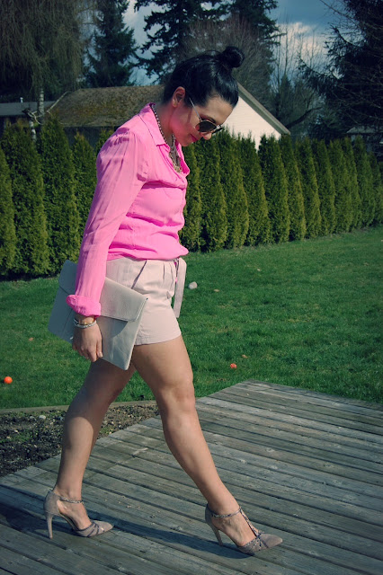 Pink silk Joe Fresh blouse, Lyocell Forever 21 shorts, Jessica Simpson suede T-strap heels and a Target clutch.