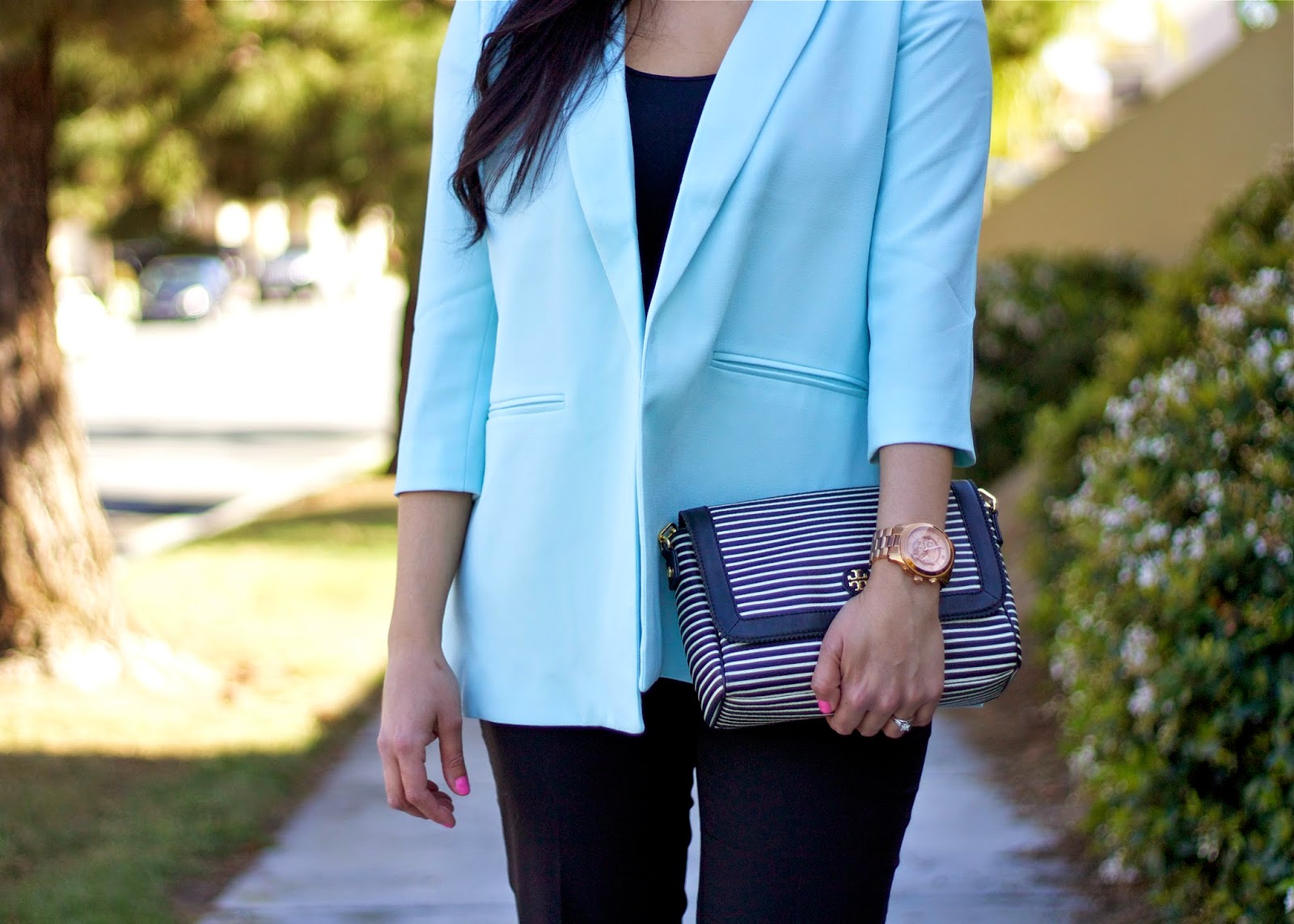 blue blazer and black and white stripes, how to wear black and white stripes, michael kors large runway watch