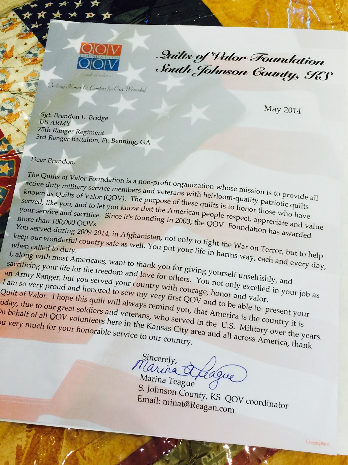 From Captain's Daughter to Army Mom Quilt of Valor Presentation at the