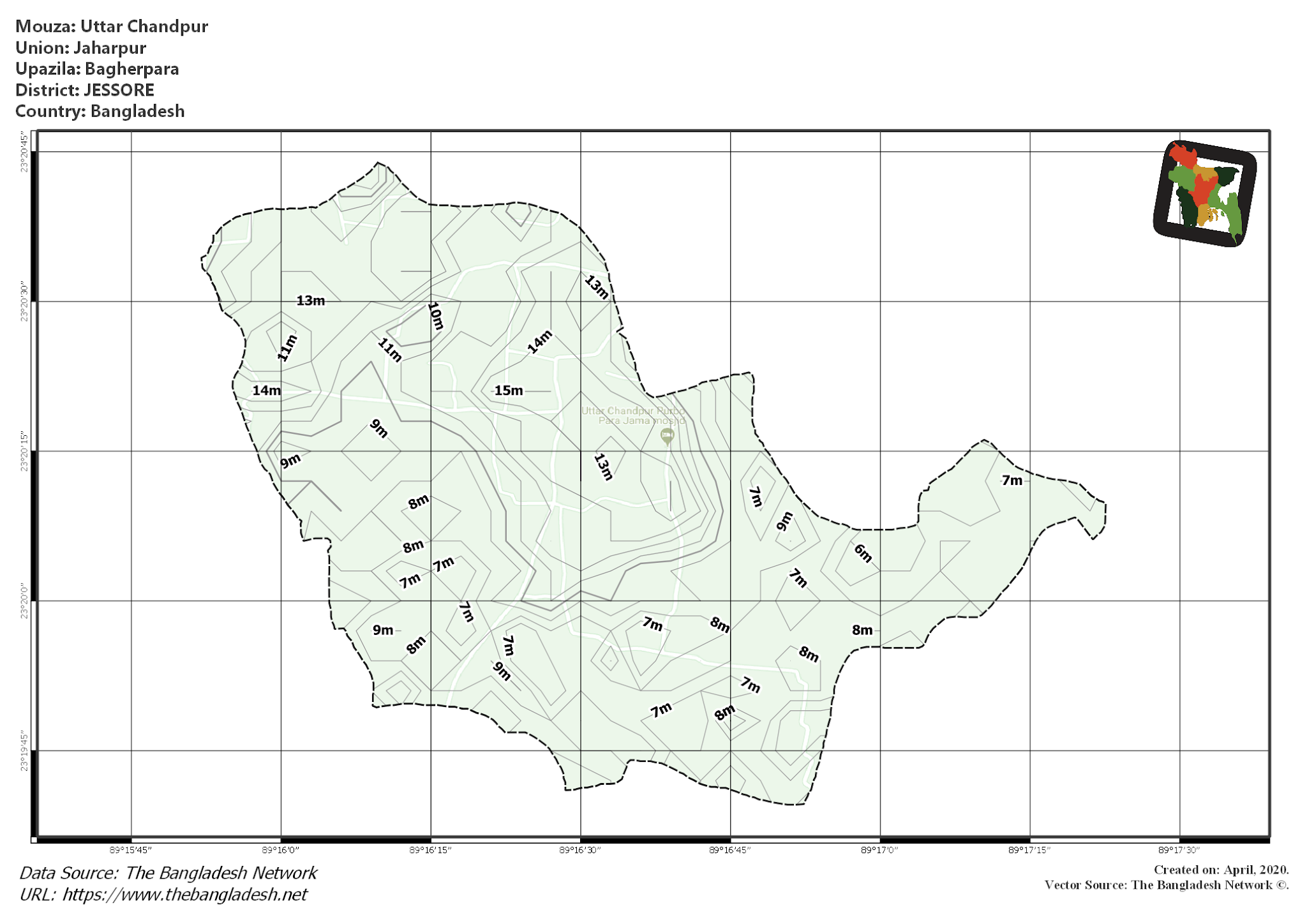 Map of Uttar Chandpur Mouza of Bagherpara Upazila, JESSORE, Bangladesh.