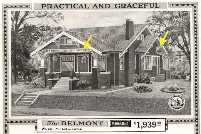 annotated black and white catalog image of Sears Belmont bungalow catalog image 1918 pointing to side bump out area