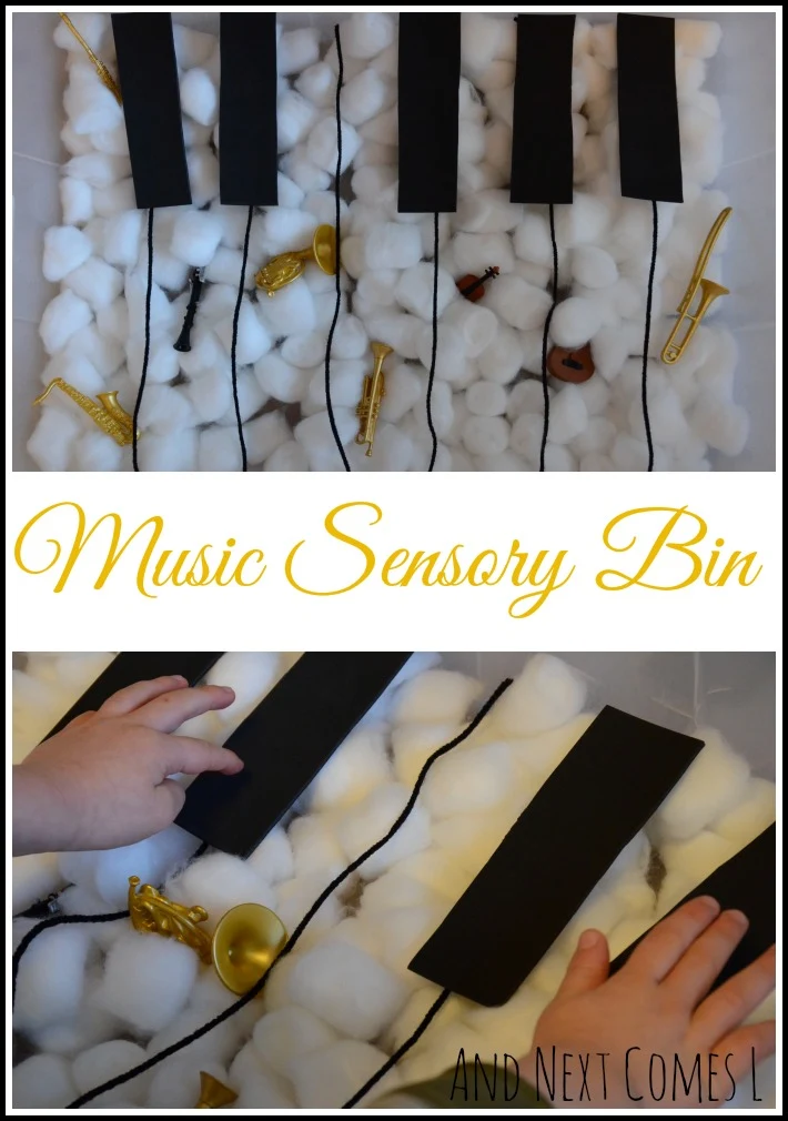Music sensory bin for kids that focuses on instrument learning from And Next Comes L