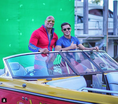 Dwayne Johnson and Zac Efron on the set of the Baywatch reboot
