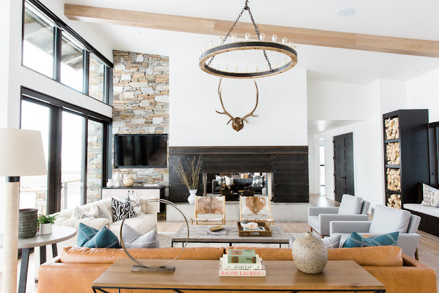 Modern farmhouse style family room in mountain house by Studio McGee
