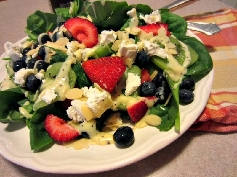 Renee's Kitchen Adventures:  Fruity Summer Spinach Salad with Goat Cheese.  (strawberries, blueberries and kiwi) 