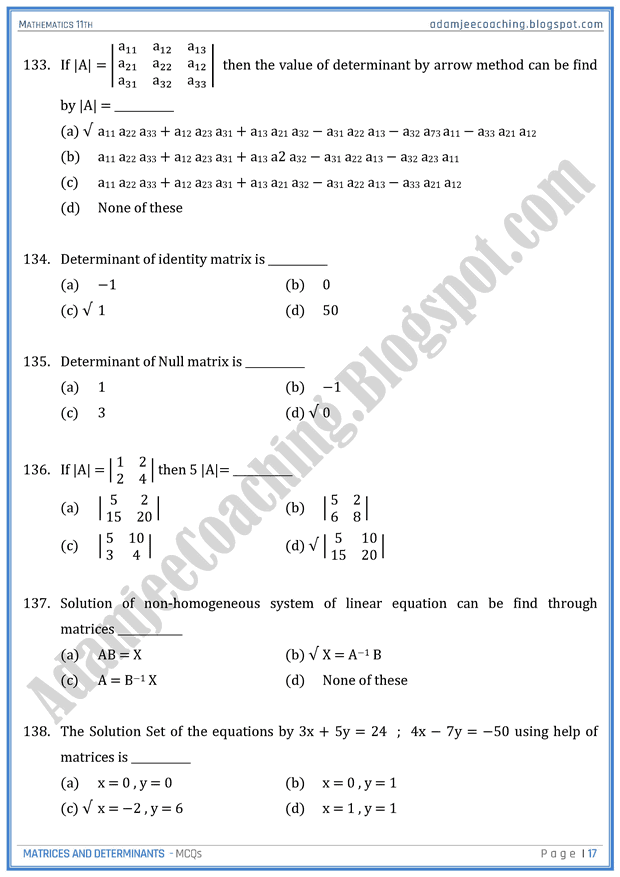 Adamjee Coaching Matrices and Determinants MCQs Mathematics 11th