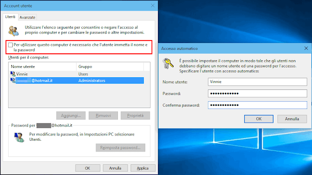 Opzione Windows 10 per utilizzare questo computer utente immetta password