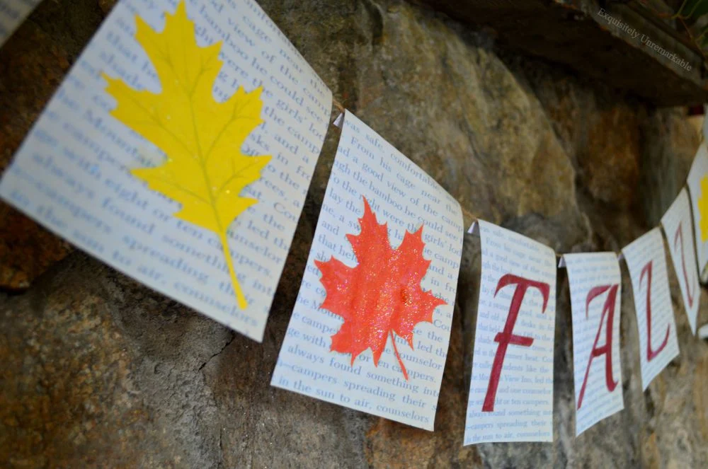 Fall Book Page Leaf Banner hung on fireplace