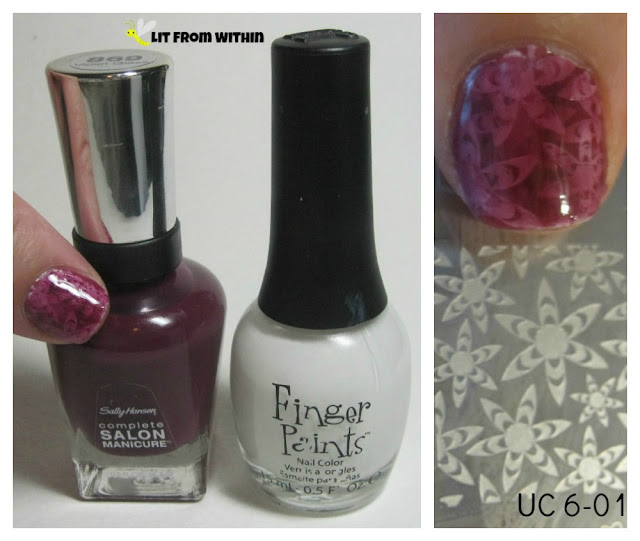 What I used:  Sally Hansen Salon Violet Glass, Finger Paints Paper Mache and Uber Chic plate 6-01.