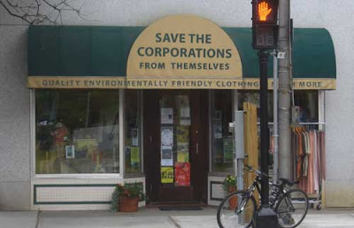 Storefront with awning labeled Save the Corporations from Themselves