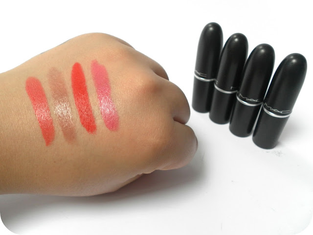 A picture of swatches of MAC lipsticks in Vegas Volt, Hug Me, Lady Danger and Chatterbox