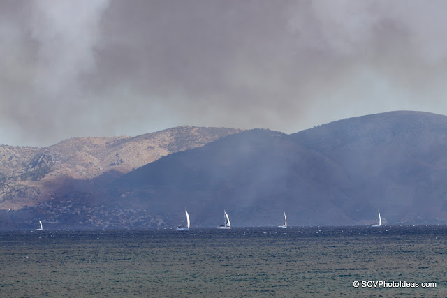 Five sailboats in the horizon