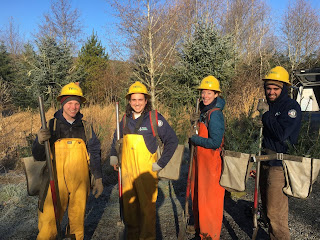 Four WCC members, wearing dark blue sweatshirts and yellow hard hats, are wearing planting bags and getting ready to plant native trees and shrubs.