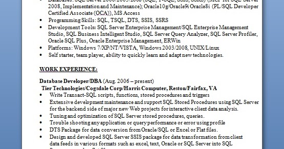 SQL Server Database Developer Sample Resume Format in Word Free Download