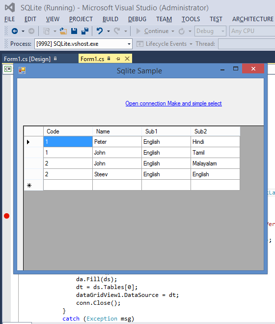 Sqlite to c connection sample project
