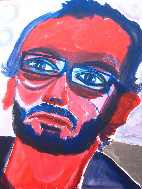 Retrato de hombre rojo y azul con gafas y barba, por EmeBeZeta