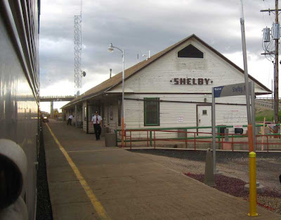 Classic train station with hand-painted sign reading SHELBY