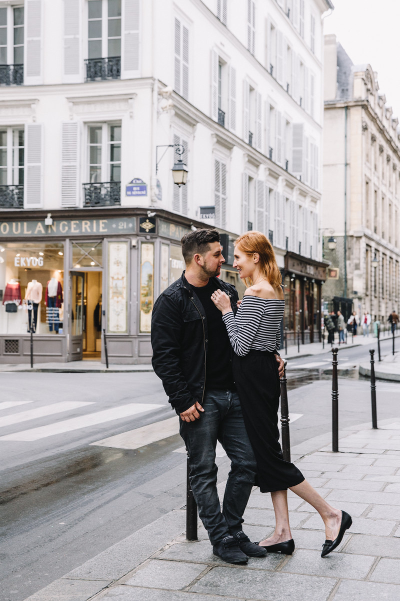 Paris Flytographer, red beret, strip shirt, engagement, couple in Paris, le marais 