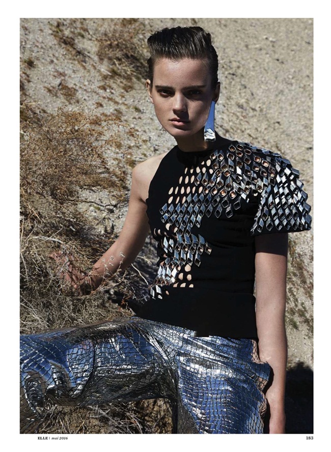 Elle Germany April 2016, Maaike Klaasen 2016 SS Loewe Silver Crocodile-Embossed Leather Trousers Editorials
