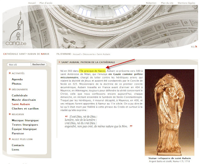 Η ιστοσελίδα του Καθεδρικού της Ναμύρ και η αναφορά της στον Άγιο Aubain από τη Νάξο.