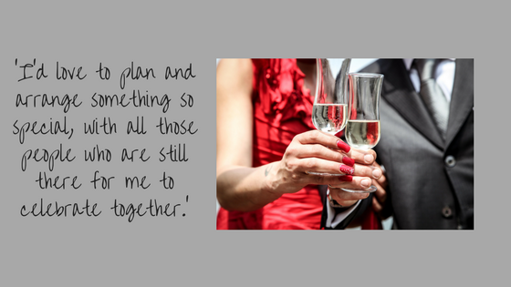 Quote and photo. Quote about parties with a photo of two people having a celebratory drink.