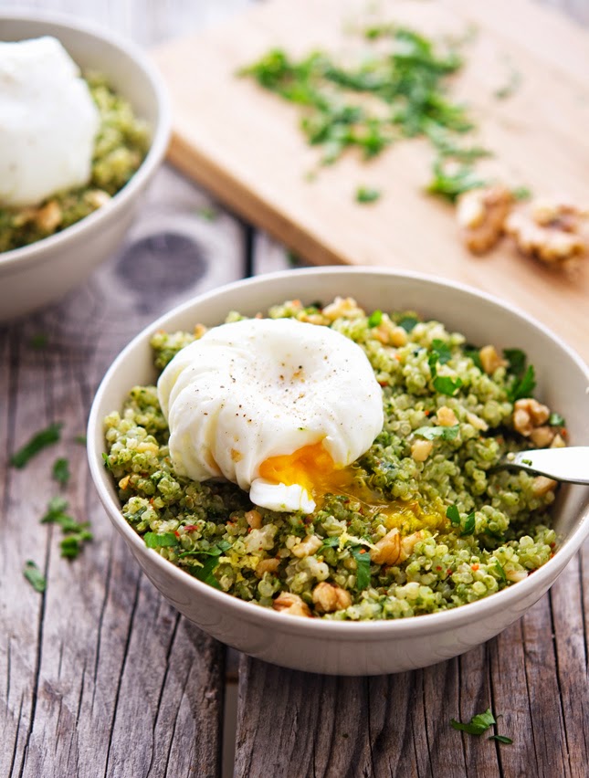 Quinoa Kale Pesto Bowls with Poached Eggs