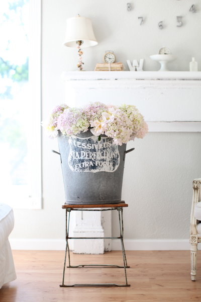French zinc bucket with pink hydrangea in farmhouse living room #modernfarmouse #Frenchfarmhouse