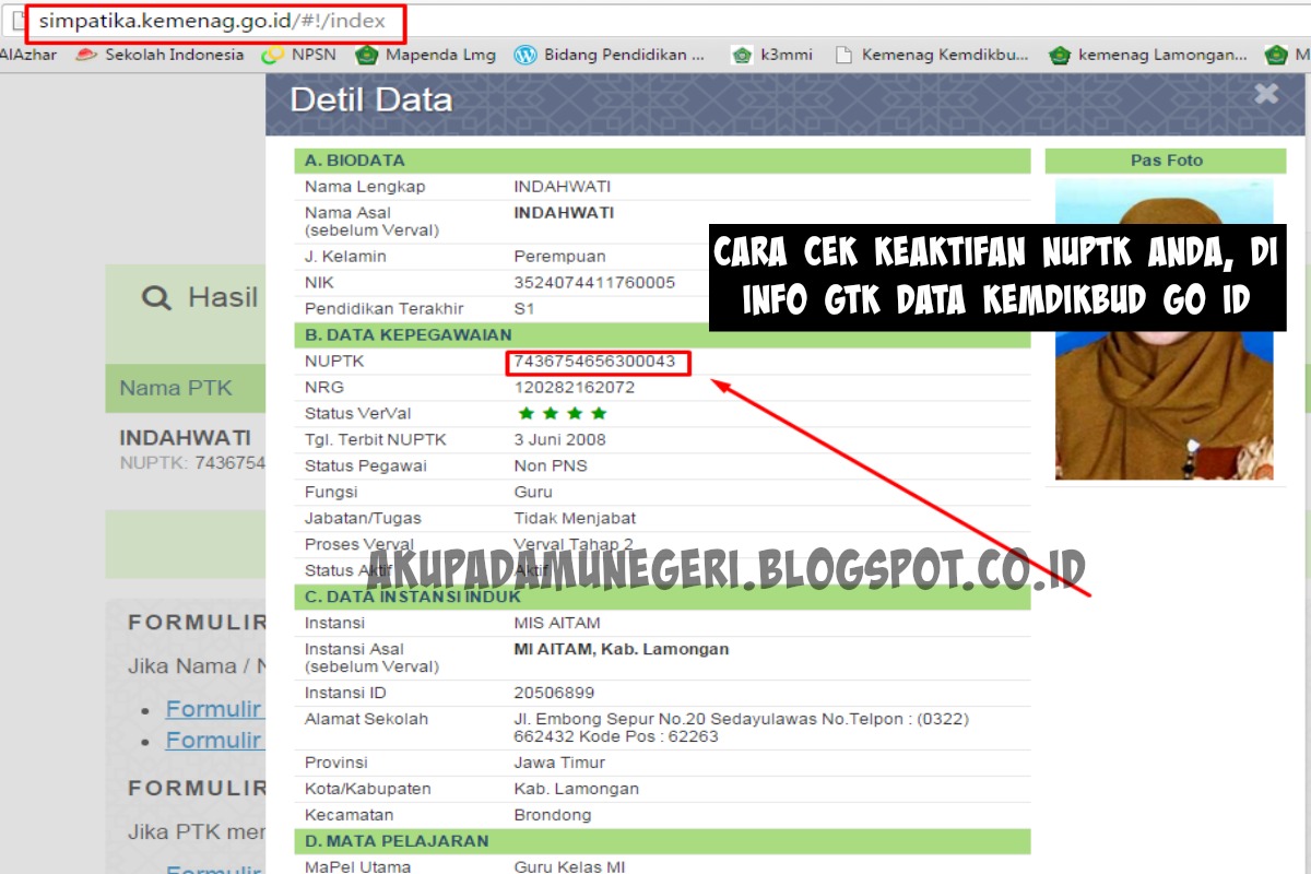 Cara Cek Keaktifan NUPTK Anda, di Info gtk data kemdikbud go id