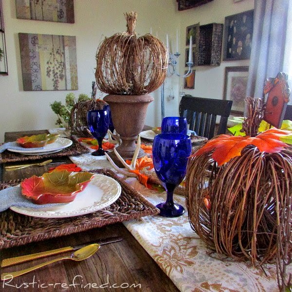 Cobalt Blue and Brown Fall Inspirational Tablescape