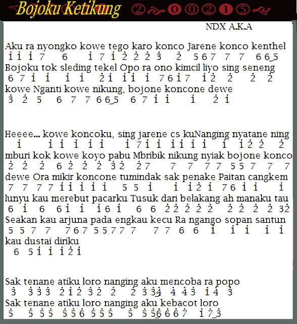 Not Angka Pianika Lagu Bojo Ketikung Not Lagu Terbaru