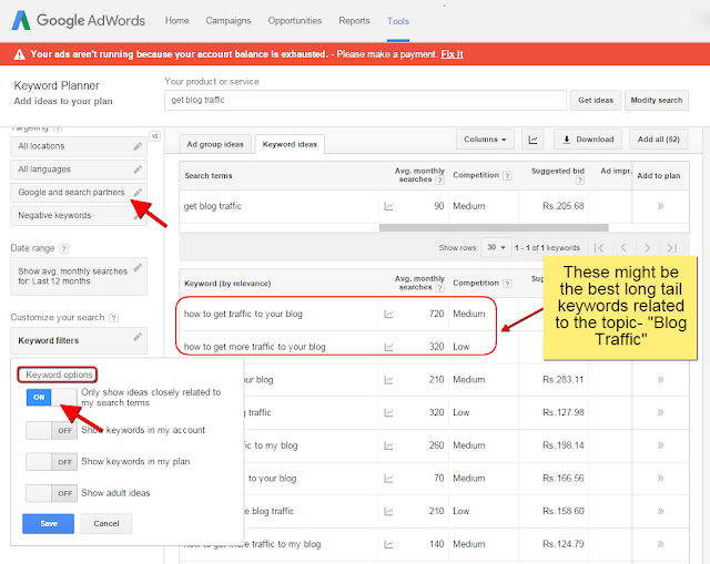 Picture demonstration; how to choose long tail keywords using keyword planner