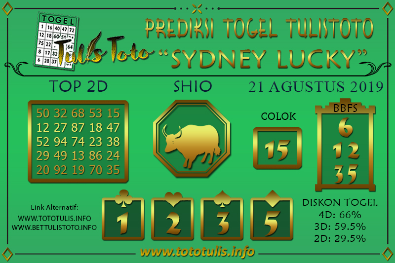 Prediksi Togel SYDNEY LUCKY TODAY TULISTOTO 21 AGUSTUS 2019