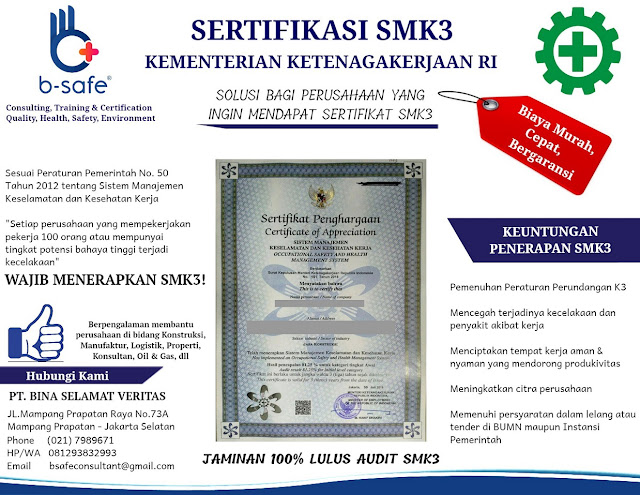Jasa Sertifikasi SMK3, Sertifikat SMK3, Pembuatan Sertifikat SMK3, Sertifikasi SMK3