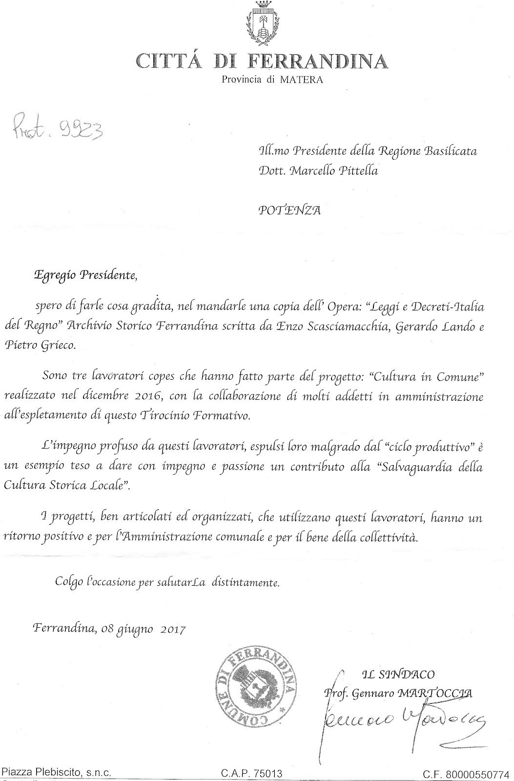 Lettera di presentazione al Presidente della Regione Basilicata Marcello Pittella