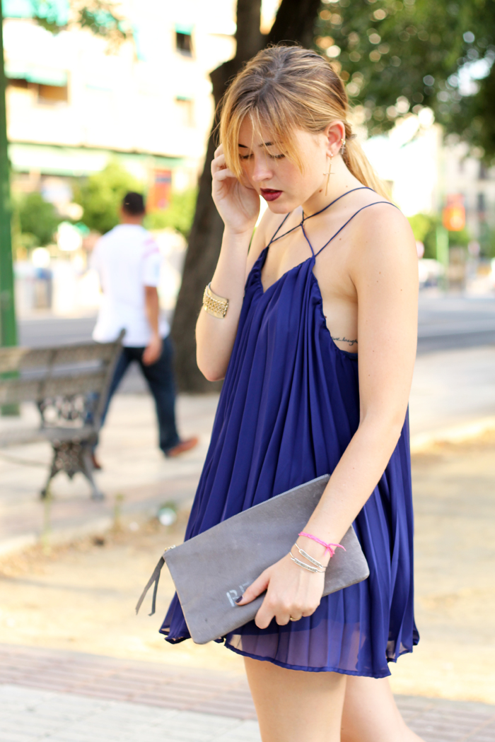blue pleats mini dress