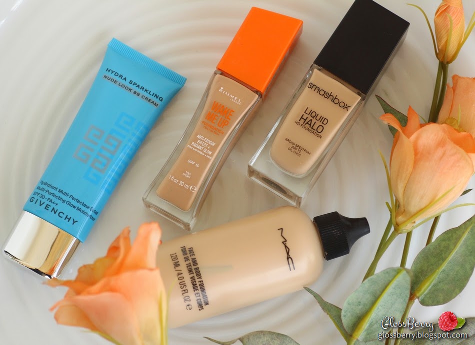 Smashbox - Liquid Halo HD Foundation  MAC - Face and Body Foundation  Rimmel - Wake Me Up Foundation  Givenchy - Hydra Sparkling Nude Look BB Cream review swatches glossberry beauty blog n1 2 100 ivory nw15 nw20 בלוג איפור וטיפוח סקירה מייקאפים לחורף לעור יבש מומלצים ג'יבנשי מאק רימל סמאשבוקס 
