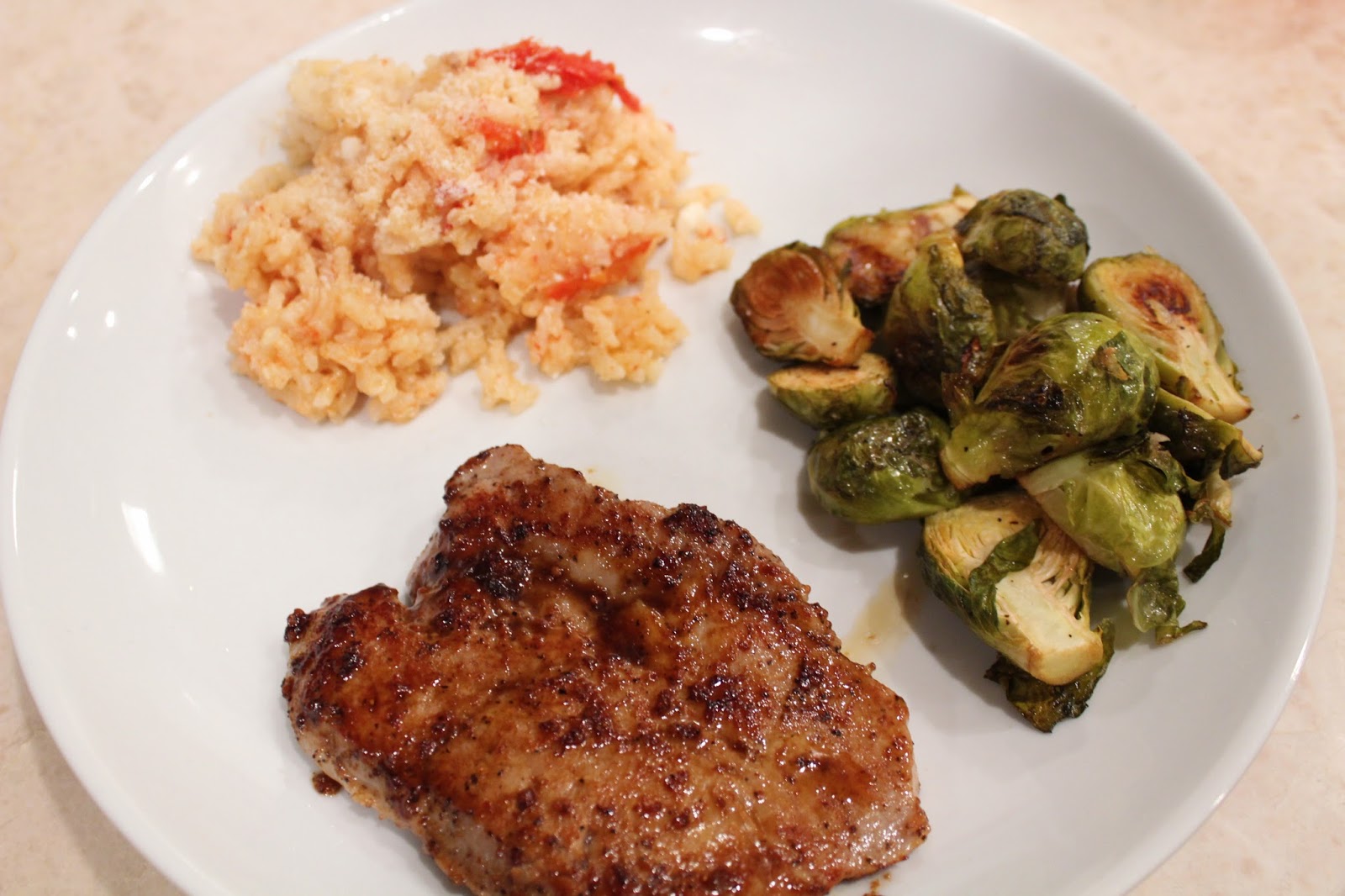 risotto, pork chop and Brussels Sprouts oven baked risotto with bacon