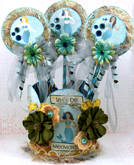 Mermaid Party Crown and Wands by Ginny Nemchak using BoBunny Down By The Sea Collection and Pentart Supplies