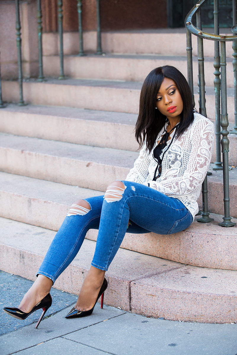 casual outfit, topshop skinny jeans, lace blouse, www.jadore-fashion.com