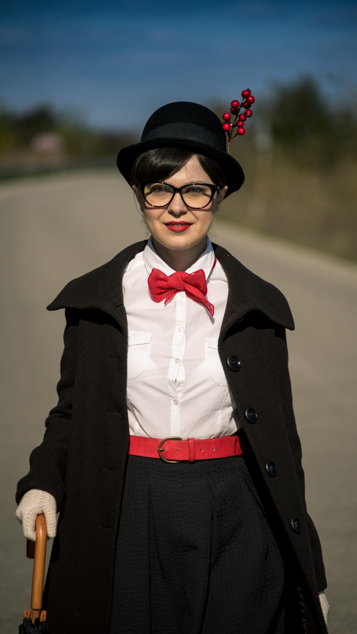 Easy DIY Halloween Costume Mary Poppins white shirt terranova black midi skirt H&M black flats H&M red vintage bag black umbrella tall hat cat eye glasses red belt photoshoot flying