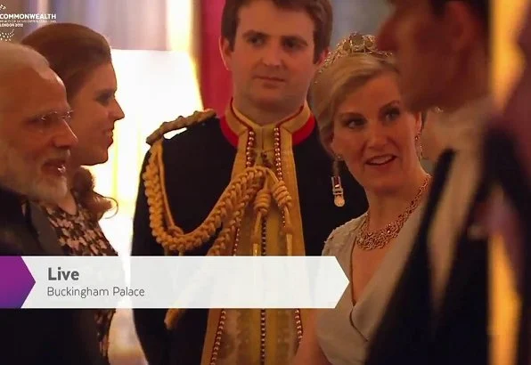 Queen Elizabeth gave a dinner for Commonwealth Heads of Government and their spouses in the Blue Drawing Room at Buckingham Palace