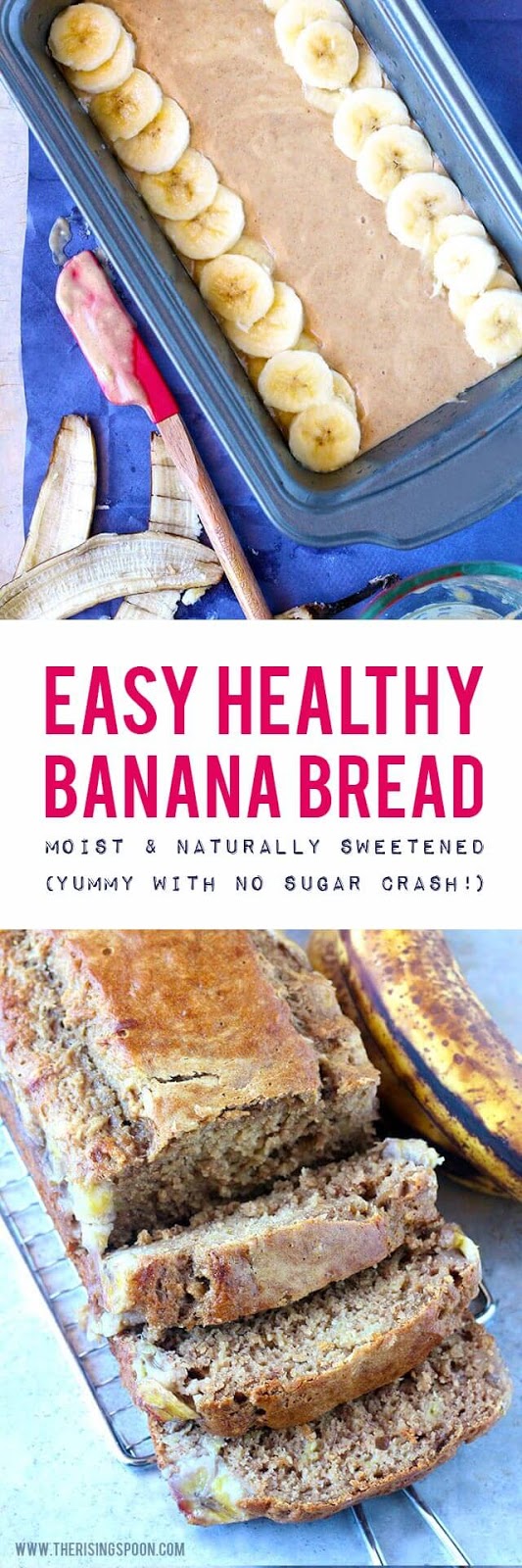 A healthy real food banana bread recipe made with a natural sweetener and higher protein flour so you can enjoy a slice or two of moist & fragrant banana bread any time of the day without going overboard on sugar. (Dairy-Free)